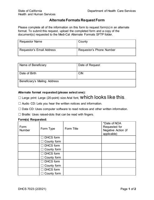 Form DHCS7023  Printable Pdf