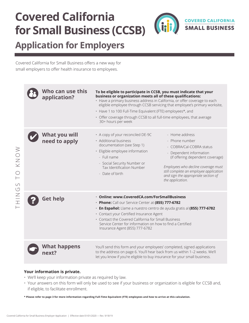 Covered California for Small Business Employer Application - California, Page 1