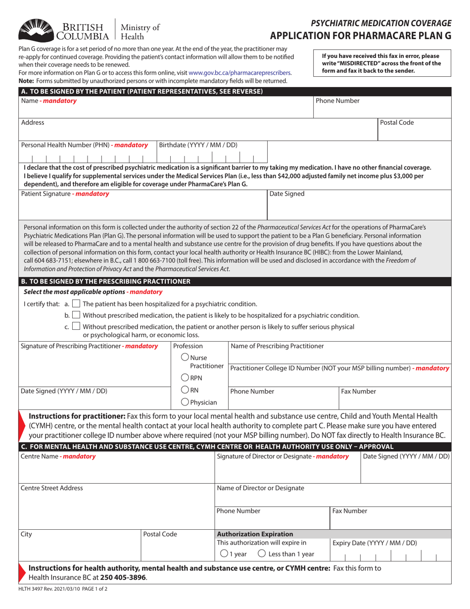 Form HLTH3497 Application for Pharmacare Plan G - British Columbia, Canada, Page 1