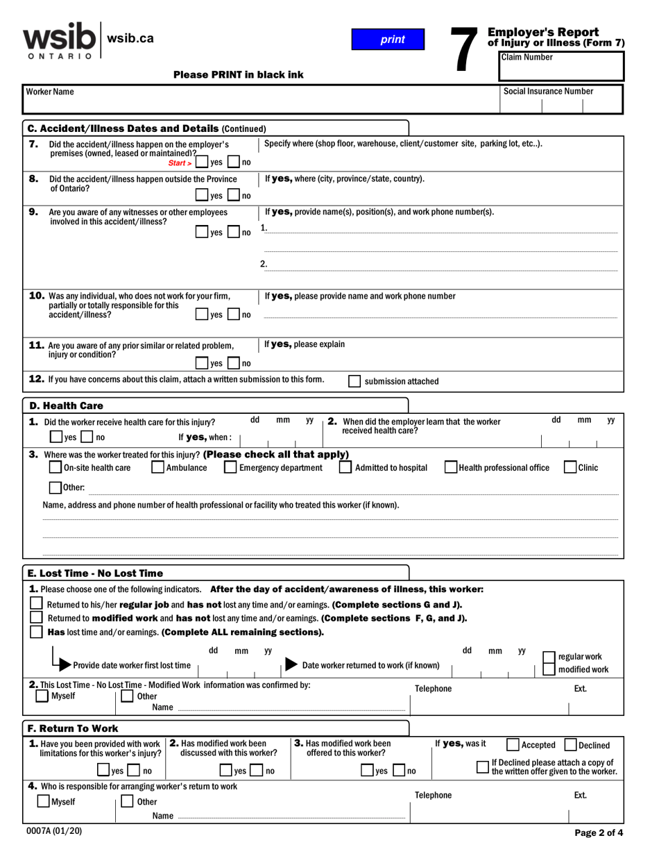 Form 7 (0007A) Employers Report of Injury / Disease - Ontario, Canada, Page 3