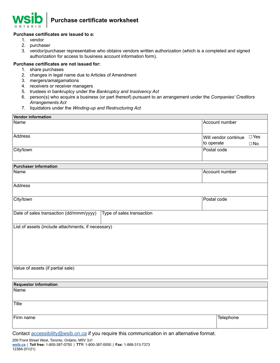 Form 1238A Download Fillable PDF or Fill Online Purchase Certificate