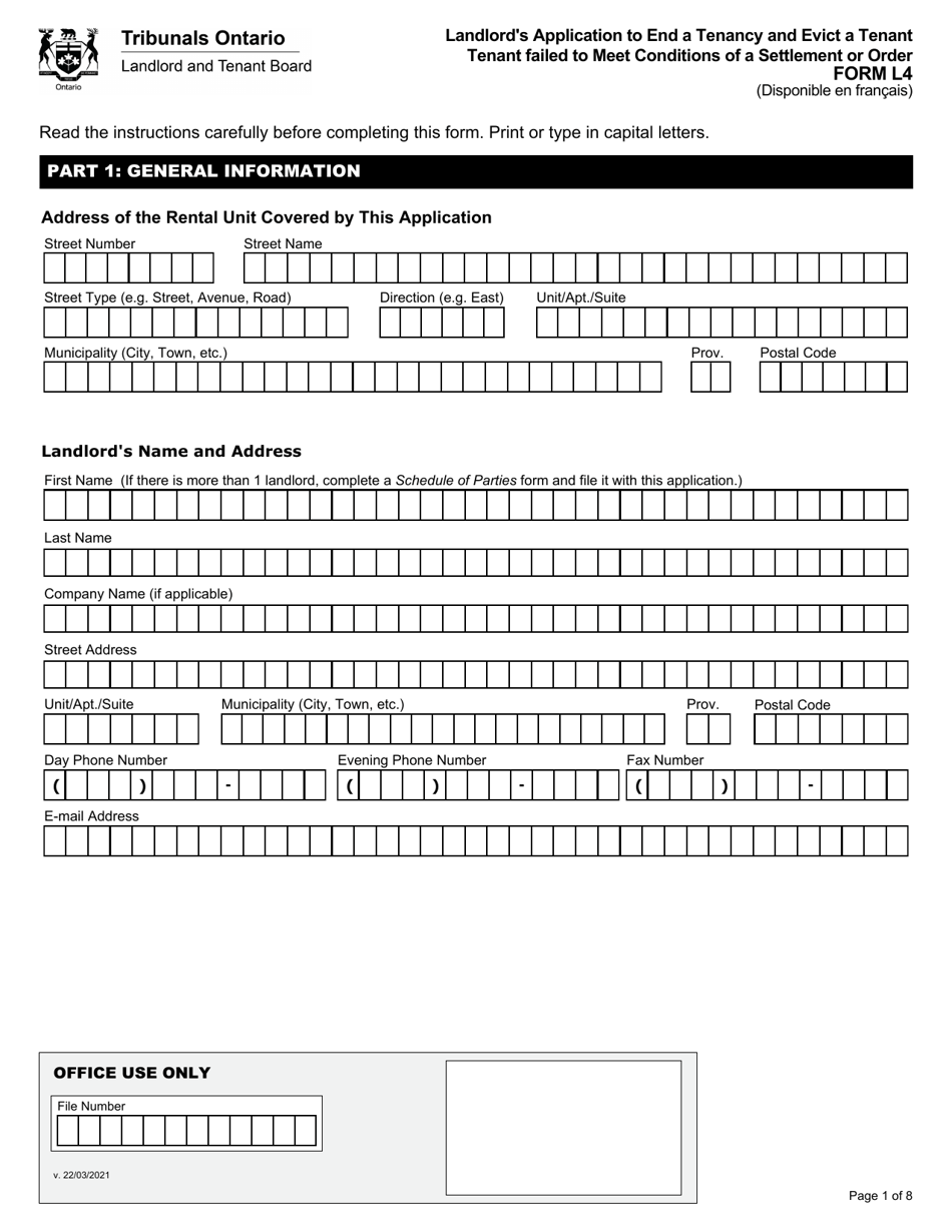 Form L4 Landlords Application to End a Tenancy and Evict a Tenant - Tenant Failed to Meet Conditions of a Settlement or Order - Ontario, Canada, Page 2