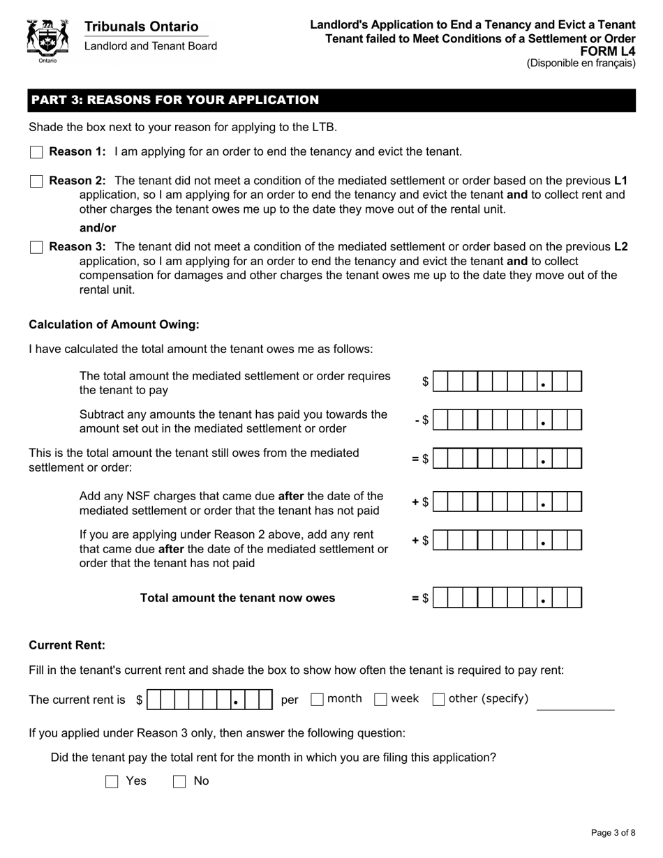 Form L4 Landlords Application to End a Tenancy and Evict a Tenant - Tenant Failed to Meet Conditions of a Settlement or Order - Ontario, Canada, Page 4