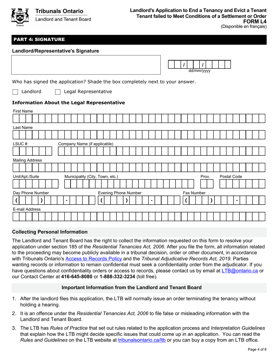 Form L4 Landlords Application to End a Tenancy and Evict a Tenant - Tenant Failed to Meet Conditions of a Settlement or Order - Ontario, Canada, Page 5