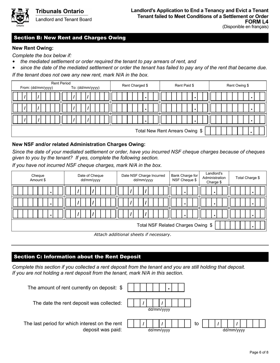 Form L4 Landlords Application to End a Tenancy and Evict a Tenant - Tenant Failed to Meet Conditions of a Settlement or Order - Ontario, Canada, Page 7