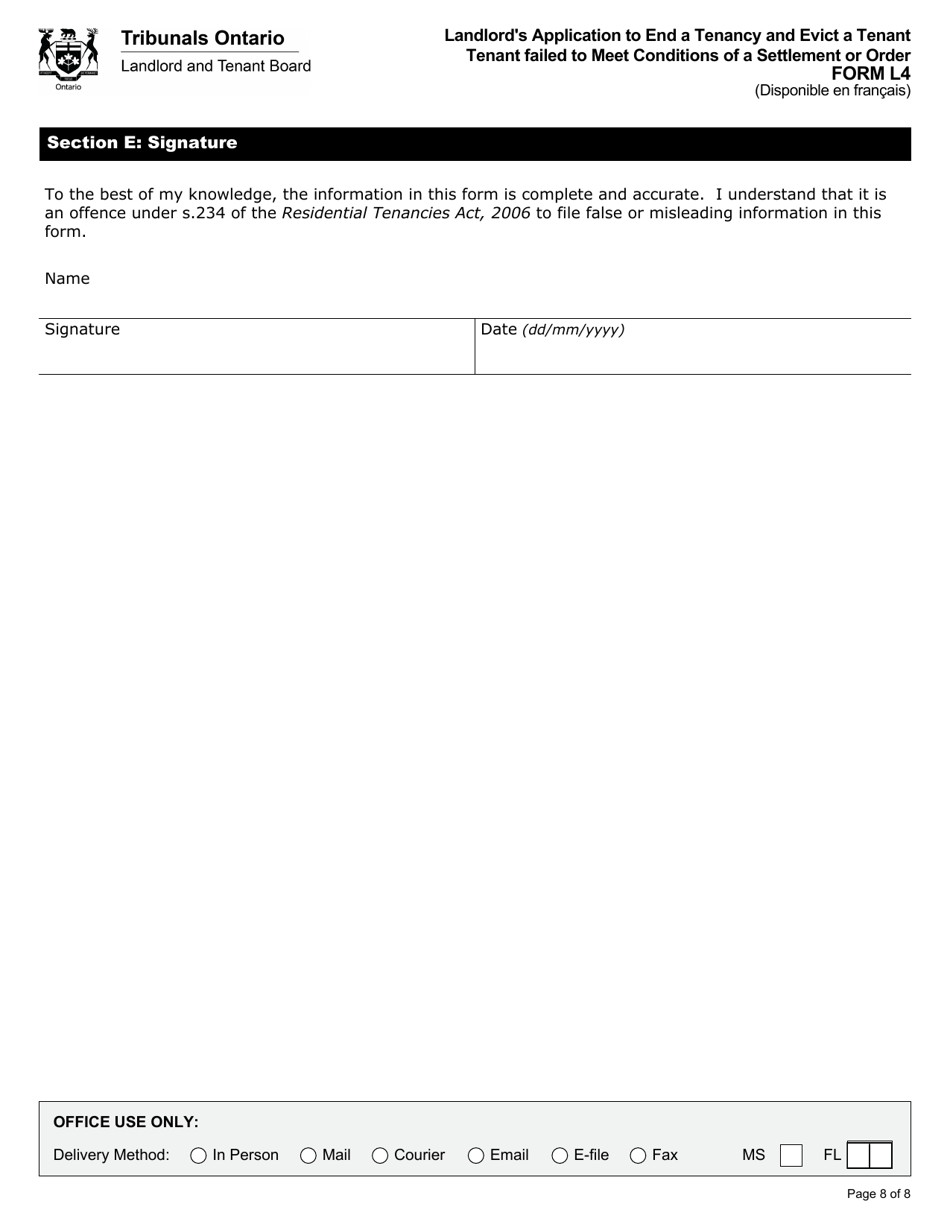Form L4 Landlords Application to End a Tenancy and Evict a Tenant - Tenant Failed to Meet Conditions of a Settlement or Order - Ontario, Canada, Page 9