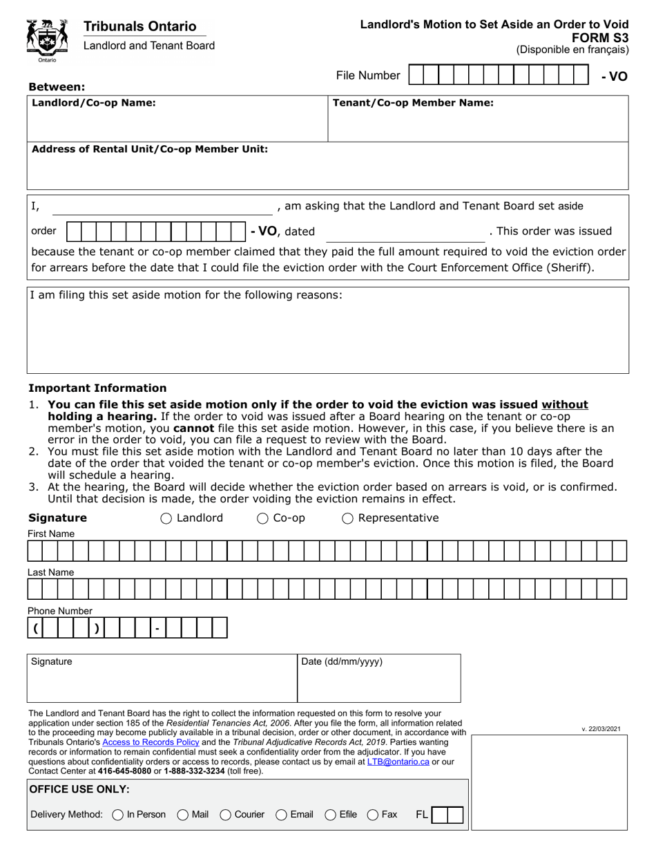 Form S3 Download Fillable PDF or Fill Online Landlord's Motion to Set ...