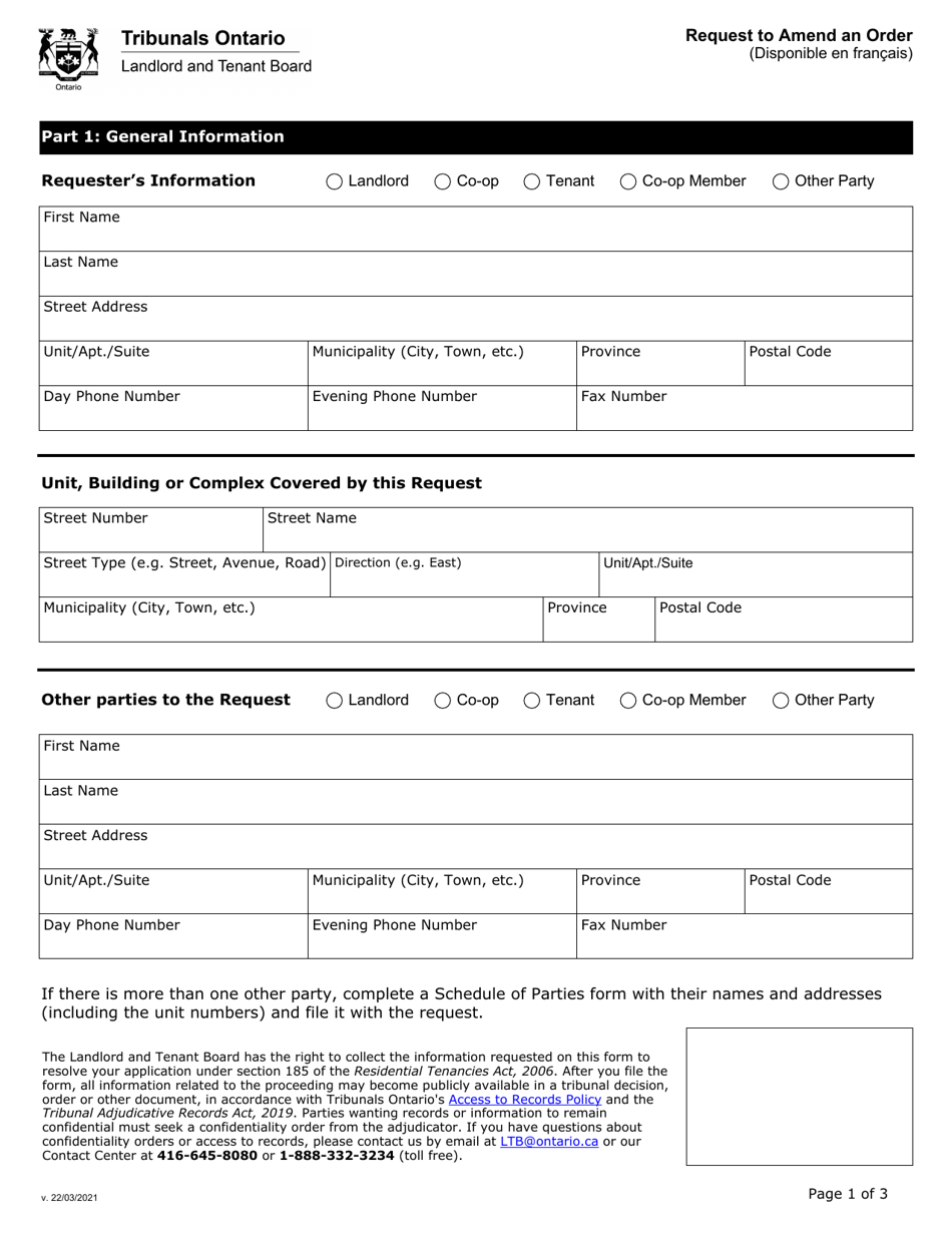 Request to Amend an Order - Ontario, Canada, Page 1