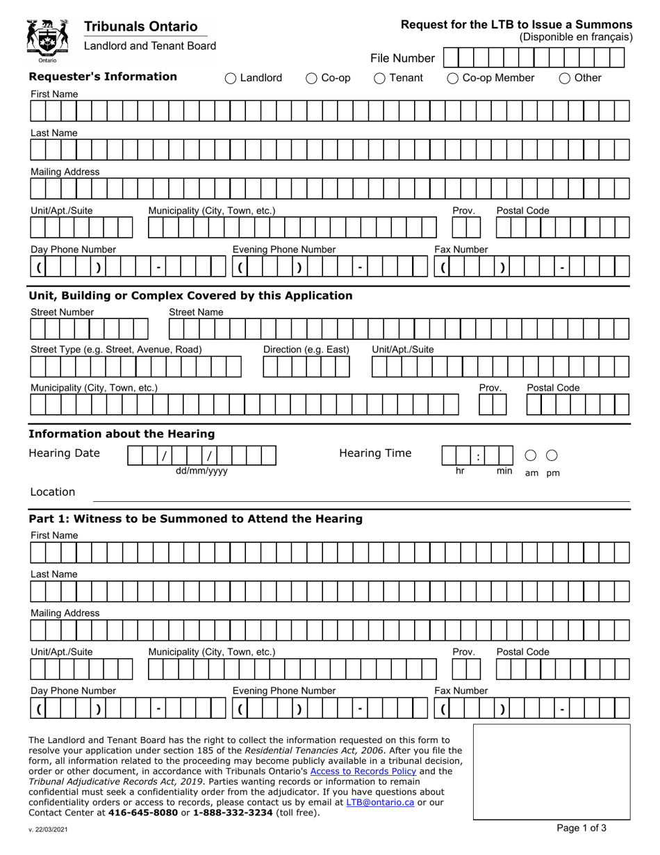 Request for the Ltb to Issue a Summons - Ontario, Canada, Page 1