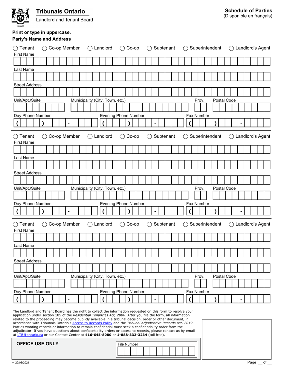 Schedule of Parties - Ontario, Canada, Page 1