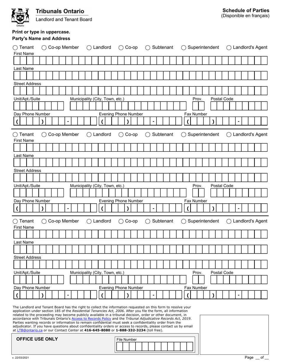 Ontario Canada Schedule of Parties Download Fillable PDF Templateroller