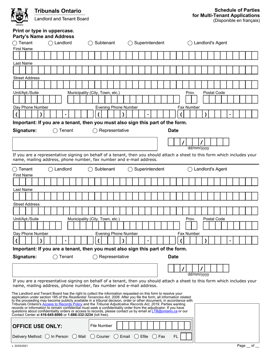 Schedule of Parties for Multi-Tenant Applications - Ontario, Canada, Page 1