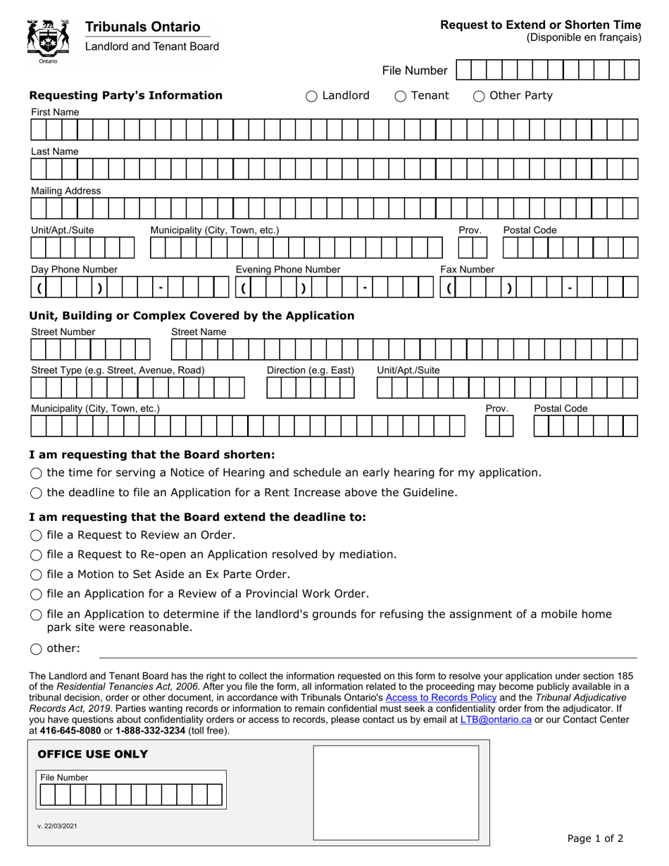 Request to Extend or Shorten Time - Ontario, Canada, Page 1