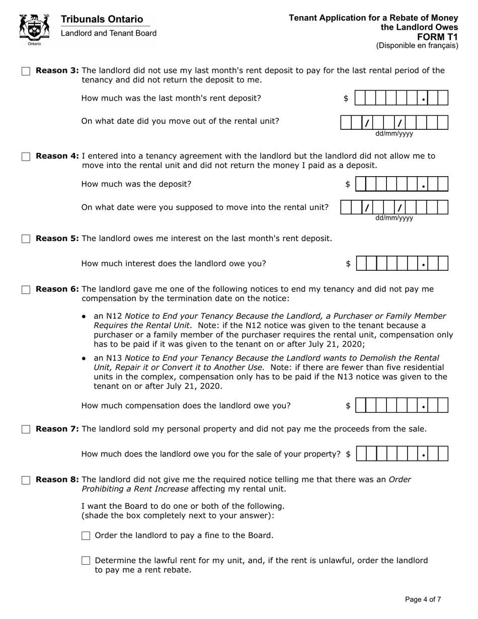 Form T1 Tenant Application for a Rebate of Money the Landlord Owes - Ontario, Canada, Page 5