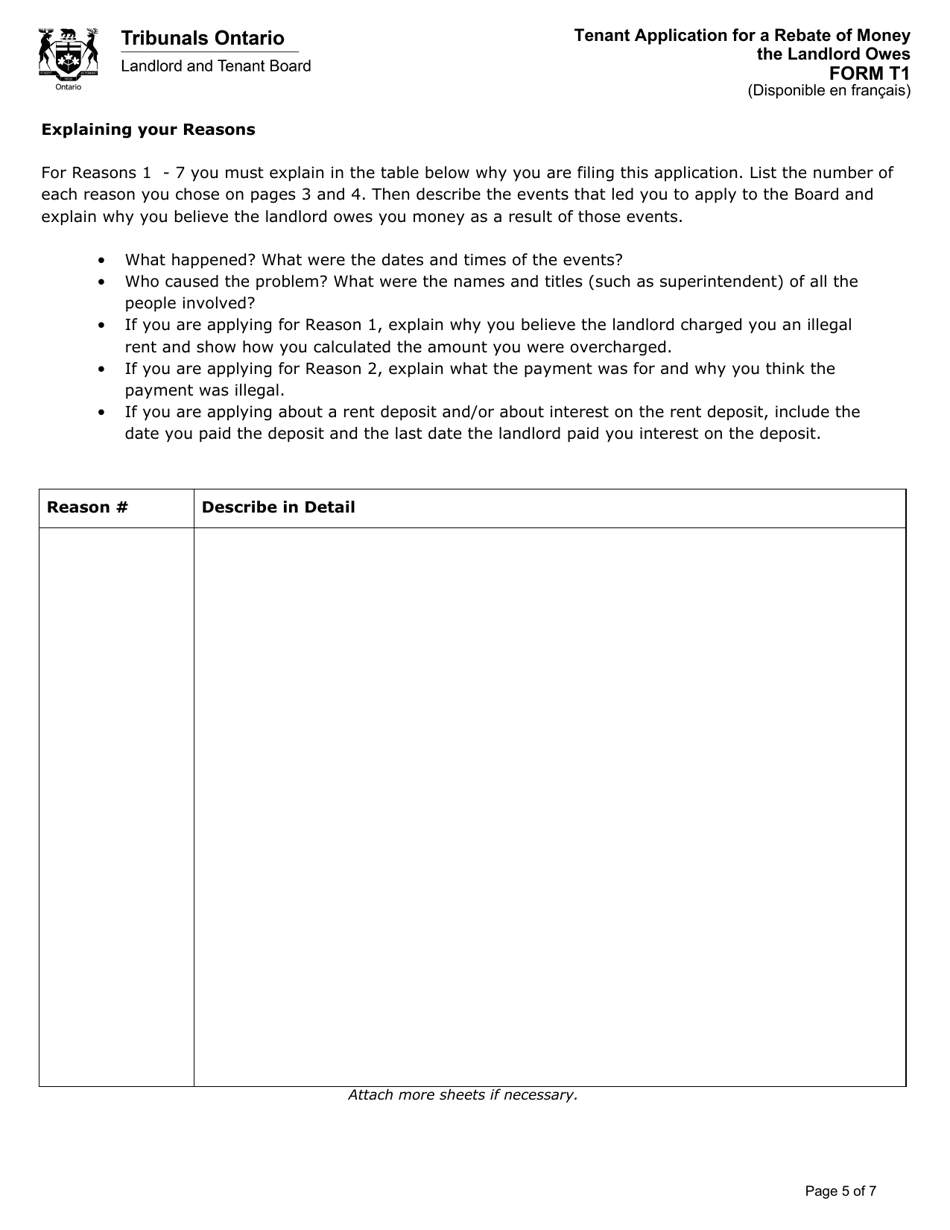 Form T1 Tenant Application for a Rebate of Money the Landlord Owes - Ontario, Canada, Page 6