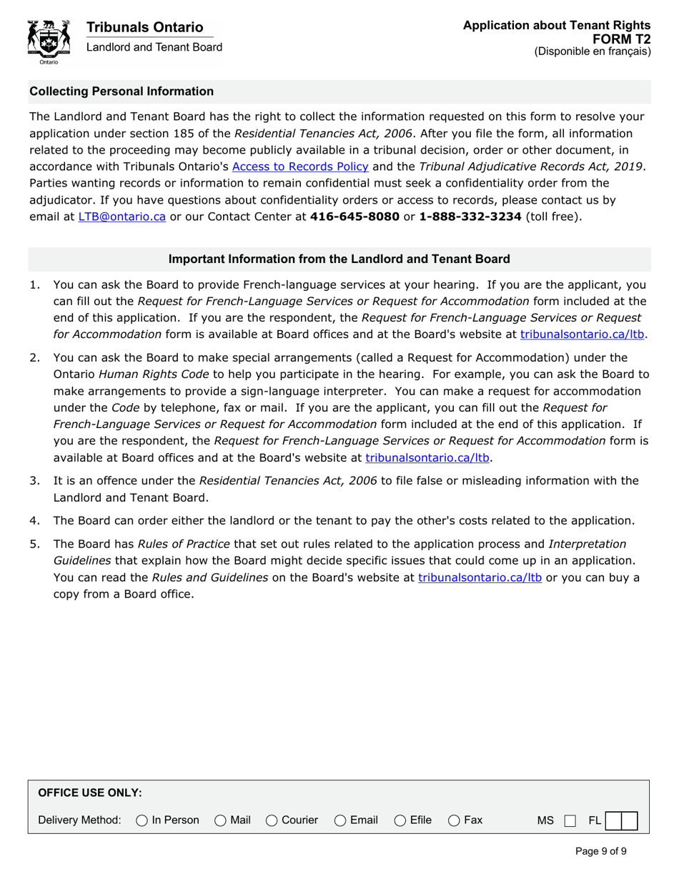 Form T2 Application About Tenant Rights - Ontario, Canada, Page 10