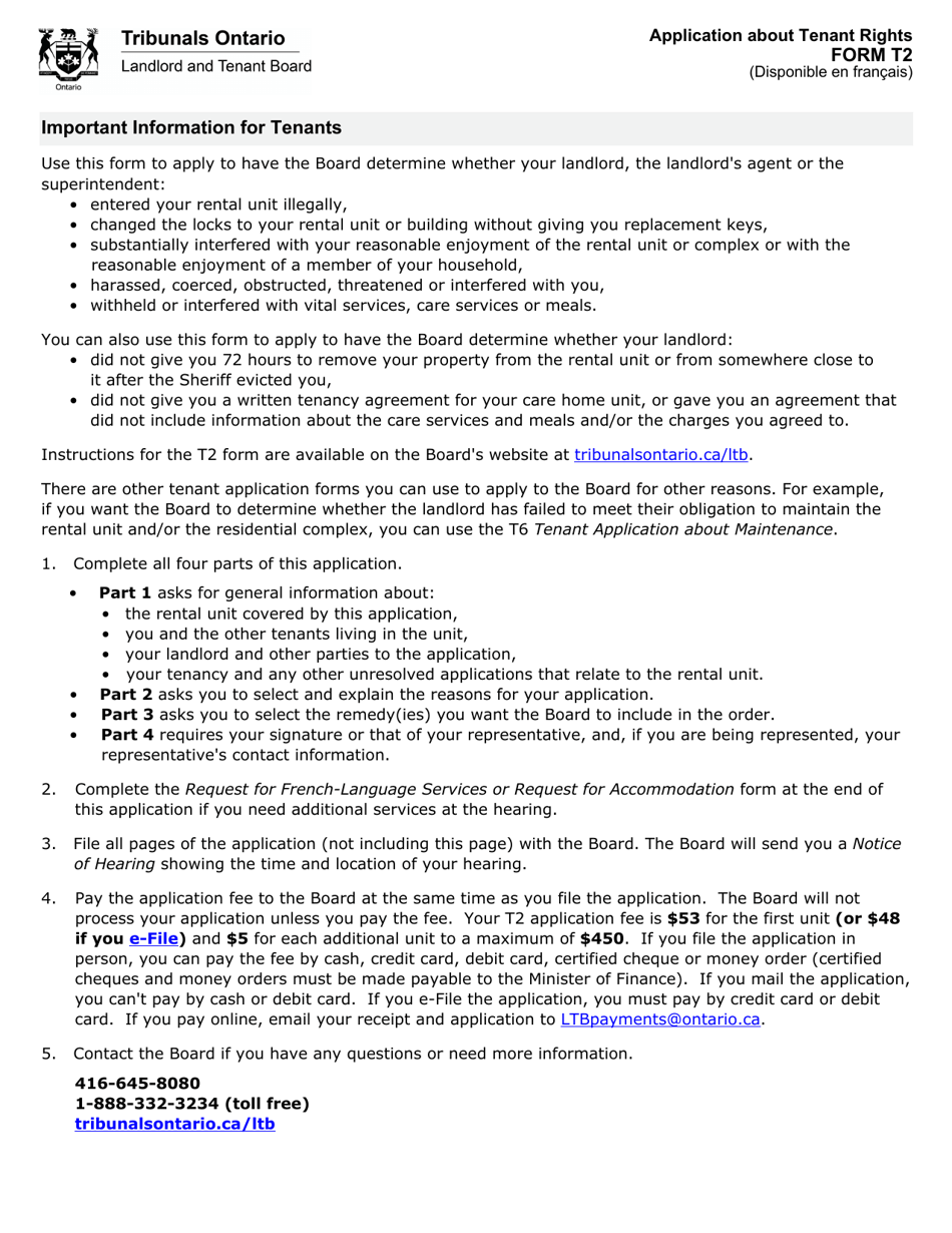 Form T2 Application About Tenant Rights - Ontario, Canada, Page 1
