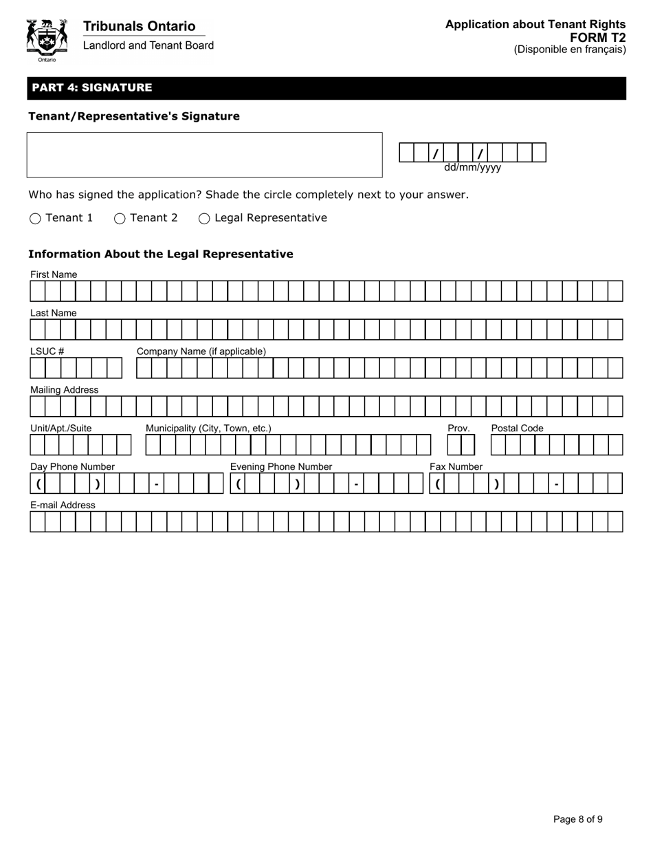 Form T2 Application About Tenant Rights - Ontario, Canada, Page 9