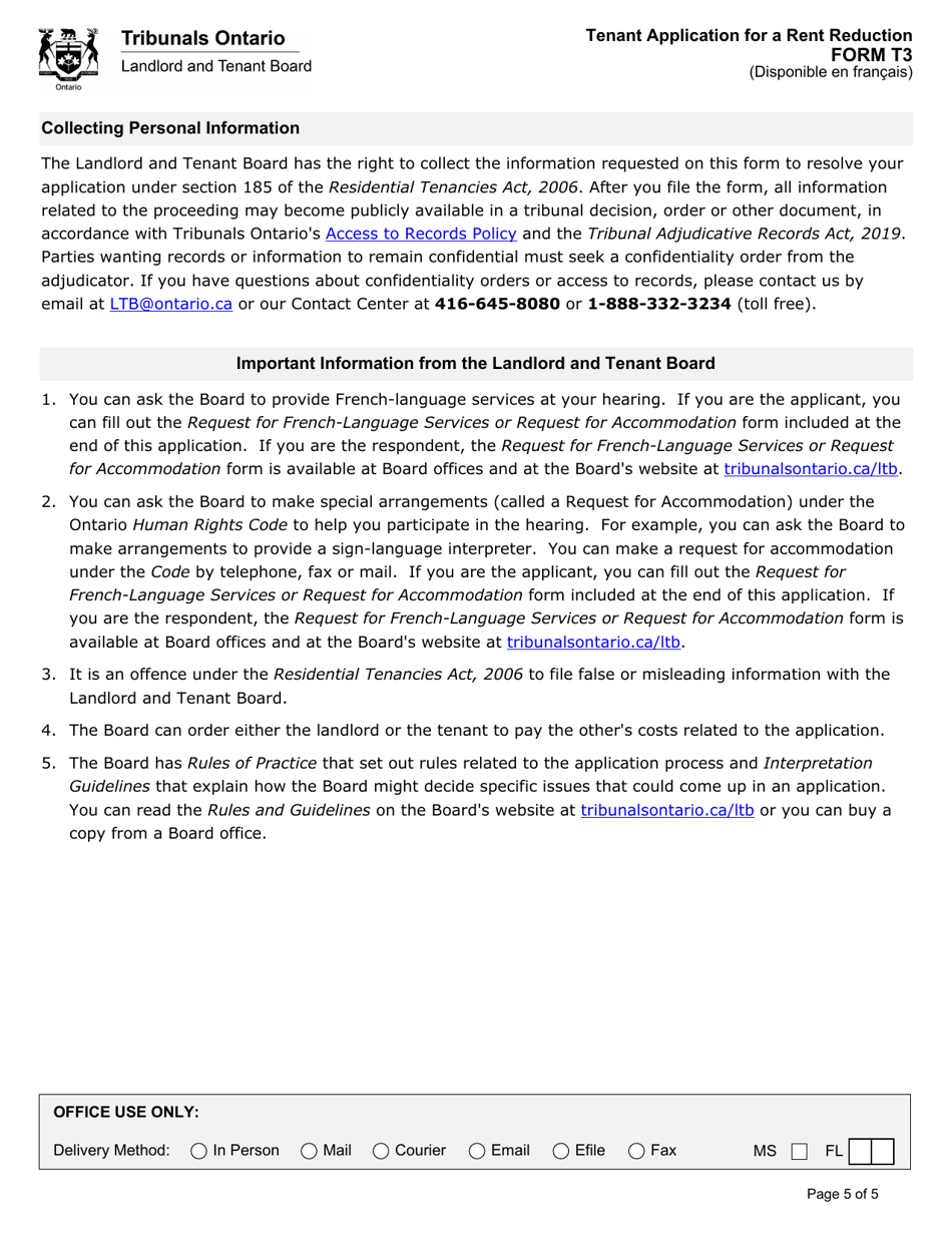 Form T3 Tenant Application for a Rent Reduction - Ontario, Canada, Page 6