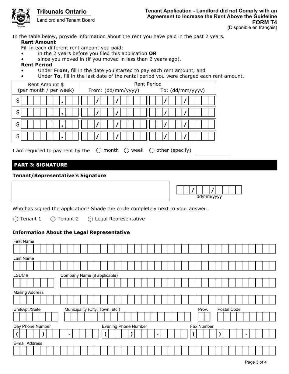 Form T4 Tenant Application - Landlord Did Not Comply With an Agreement to Increase the Rent Above the Guideline - Ontario, Canada, Page 4