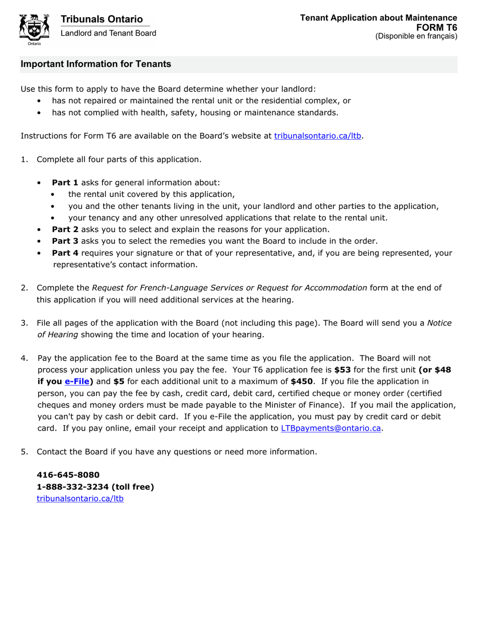 Form T6 Tenant Application About Maintenance - Ontario, Canada, Page 1