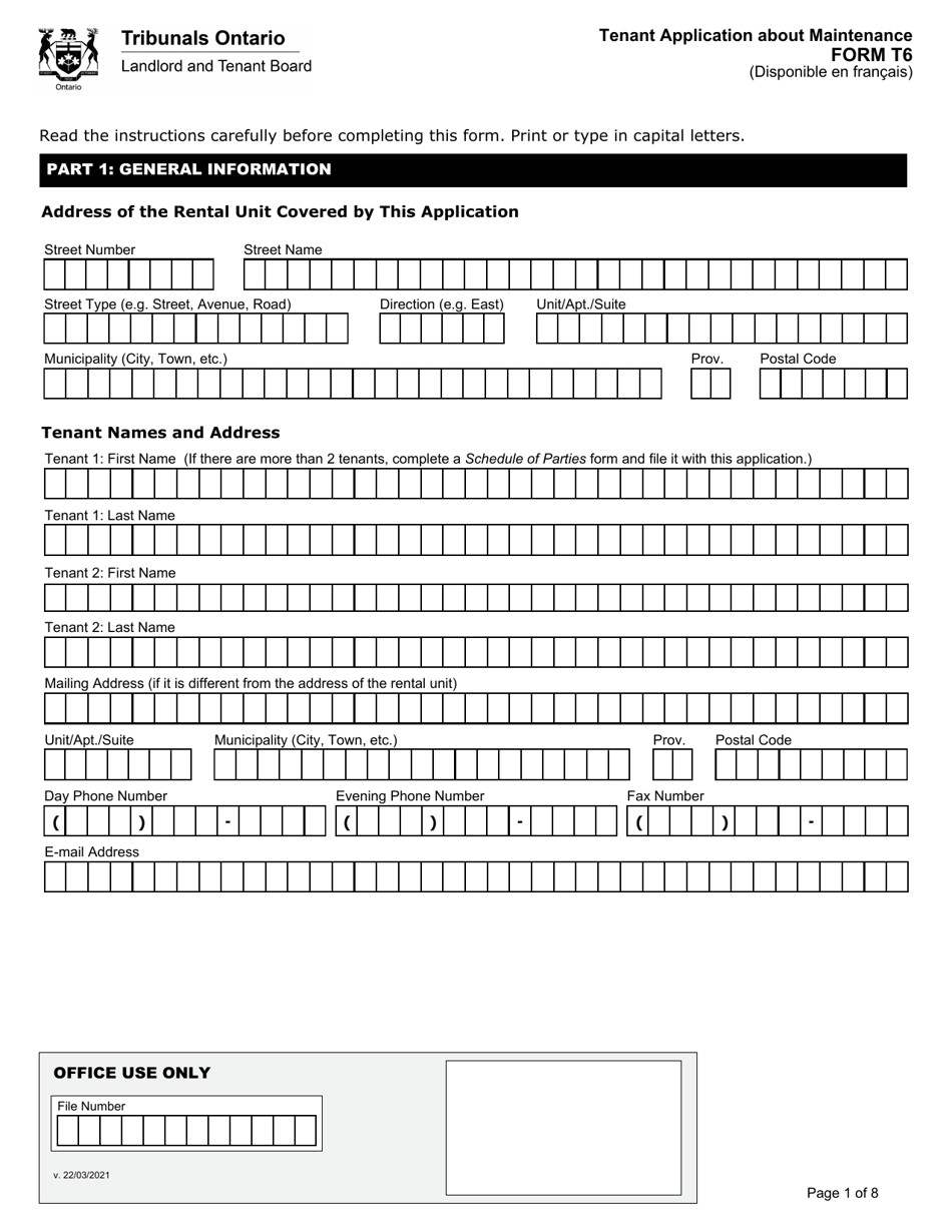 Form T6 Tenant Application About Maintenance - Ontario, Canada, Page 2