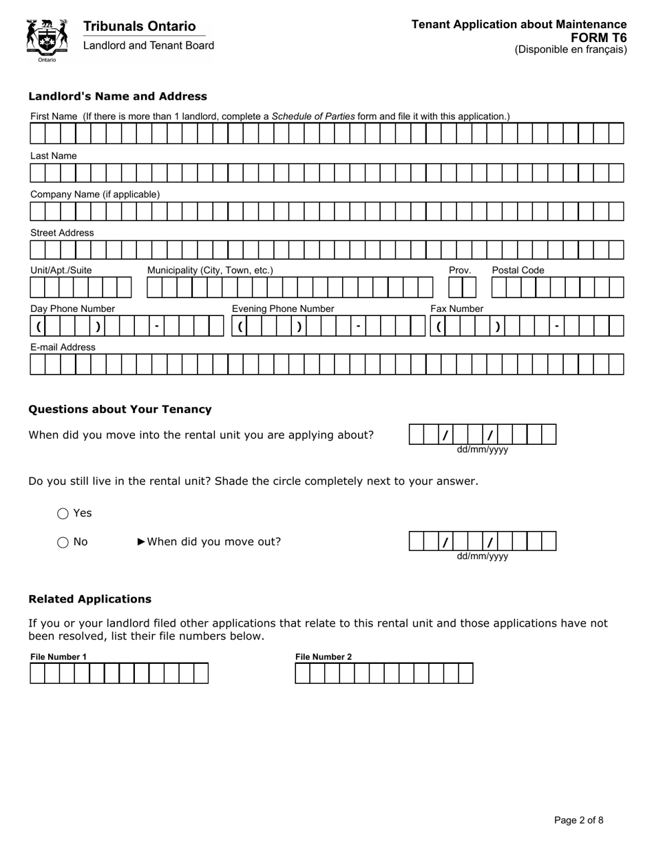 Form T6 Tenant Application About Maintenance - Ontario, Canada, Page 3