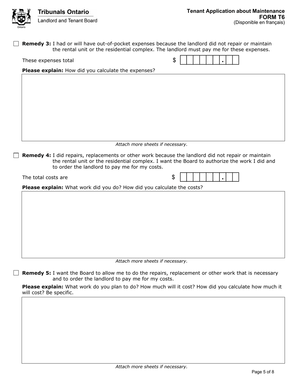 Form T6 Tenant Application About Maintenance - Ontario, Canada, Page 6