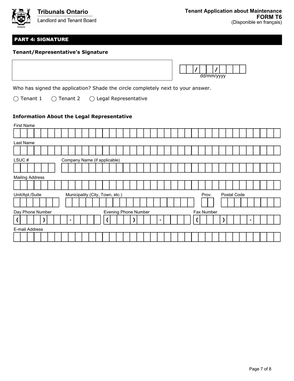 Form T6 Tenant Application About Maintenance - Ontario, Canada, Page 8