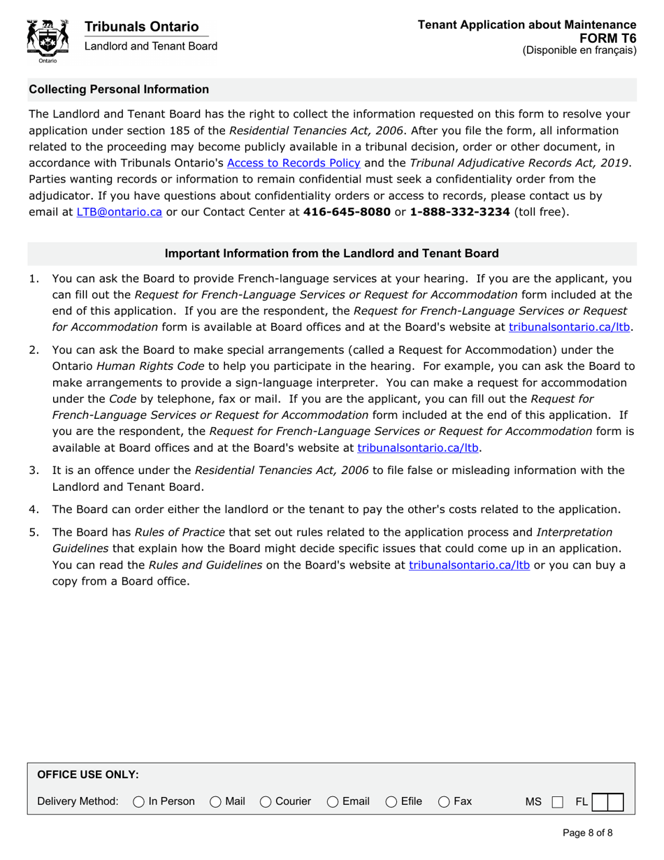 Form T6 Tenant Application About Maintenance - Ontario, Canada, Page 9