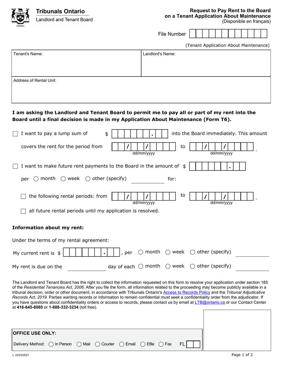 Request to Pay Rent to the Board on a Tenant Application About Maintenance - Ontario, Canada, Page 1