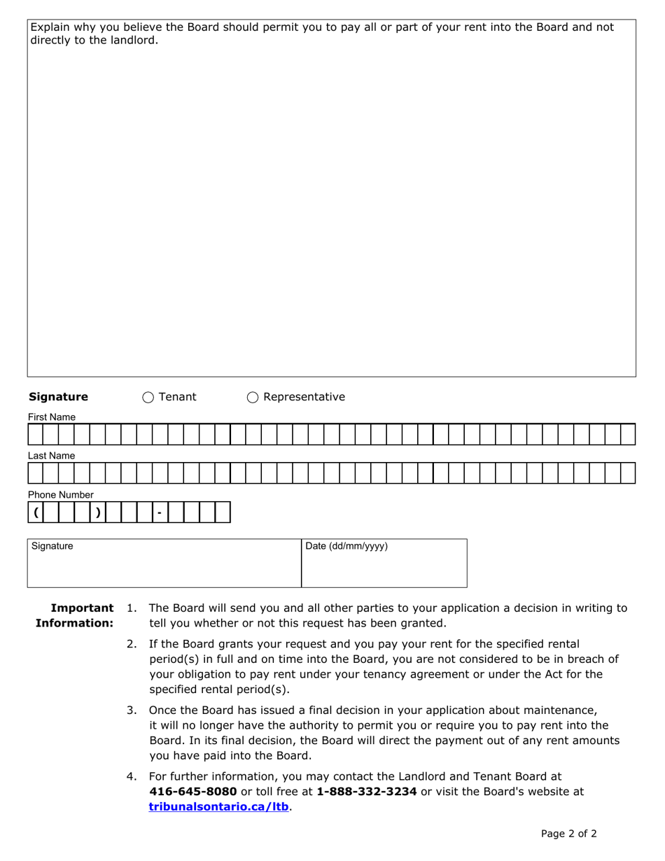 Request to Pay Rent to the Board on a Tenant Application About Maintenance - Ontario, Canada, Page 2
