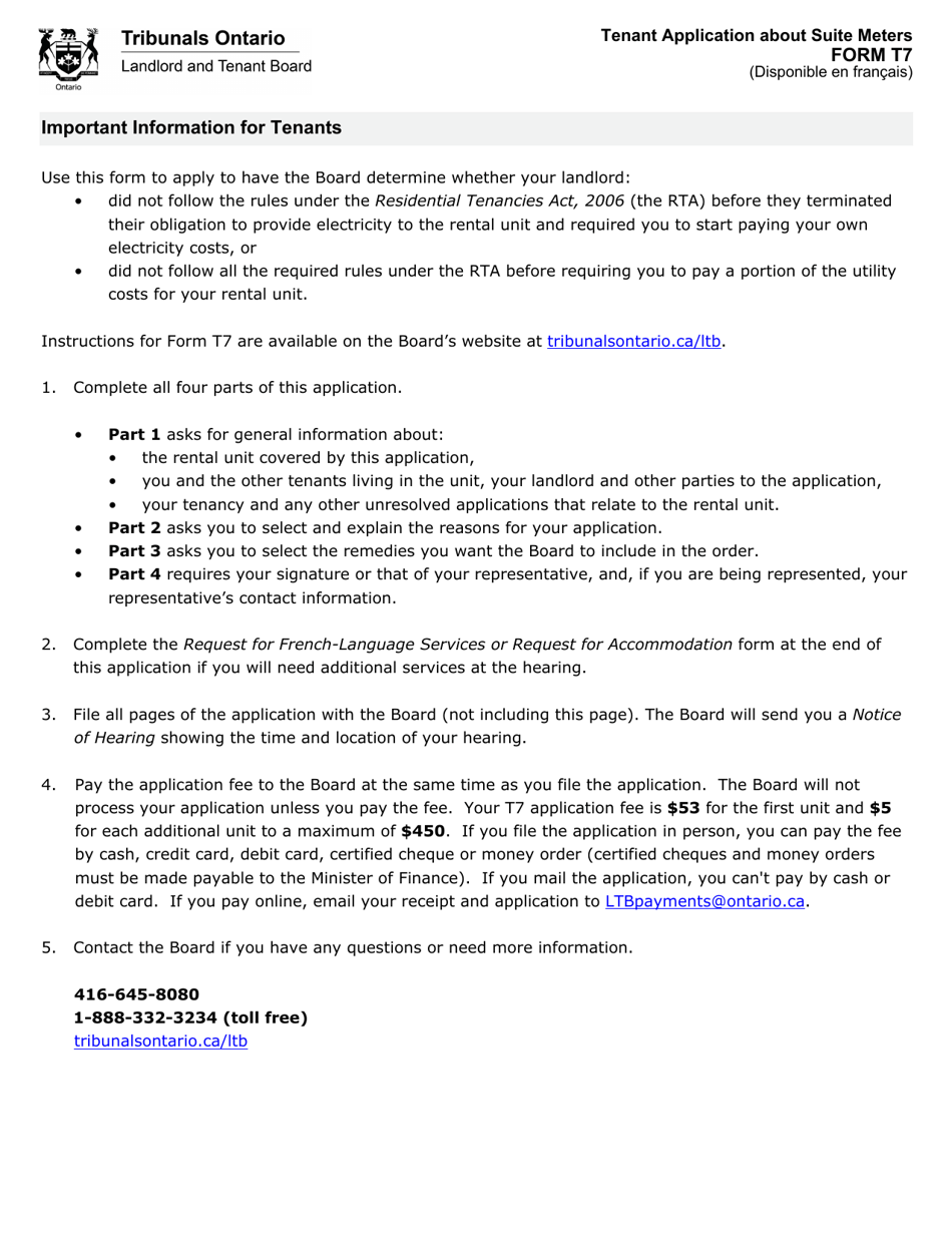 Form T7 Tenant Application About Suite Meters - Ontario, Canada, Page 1