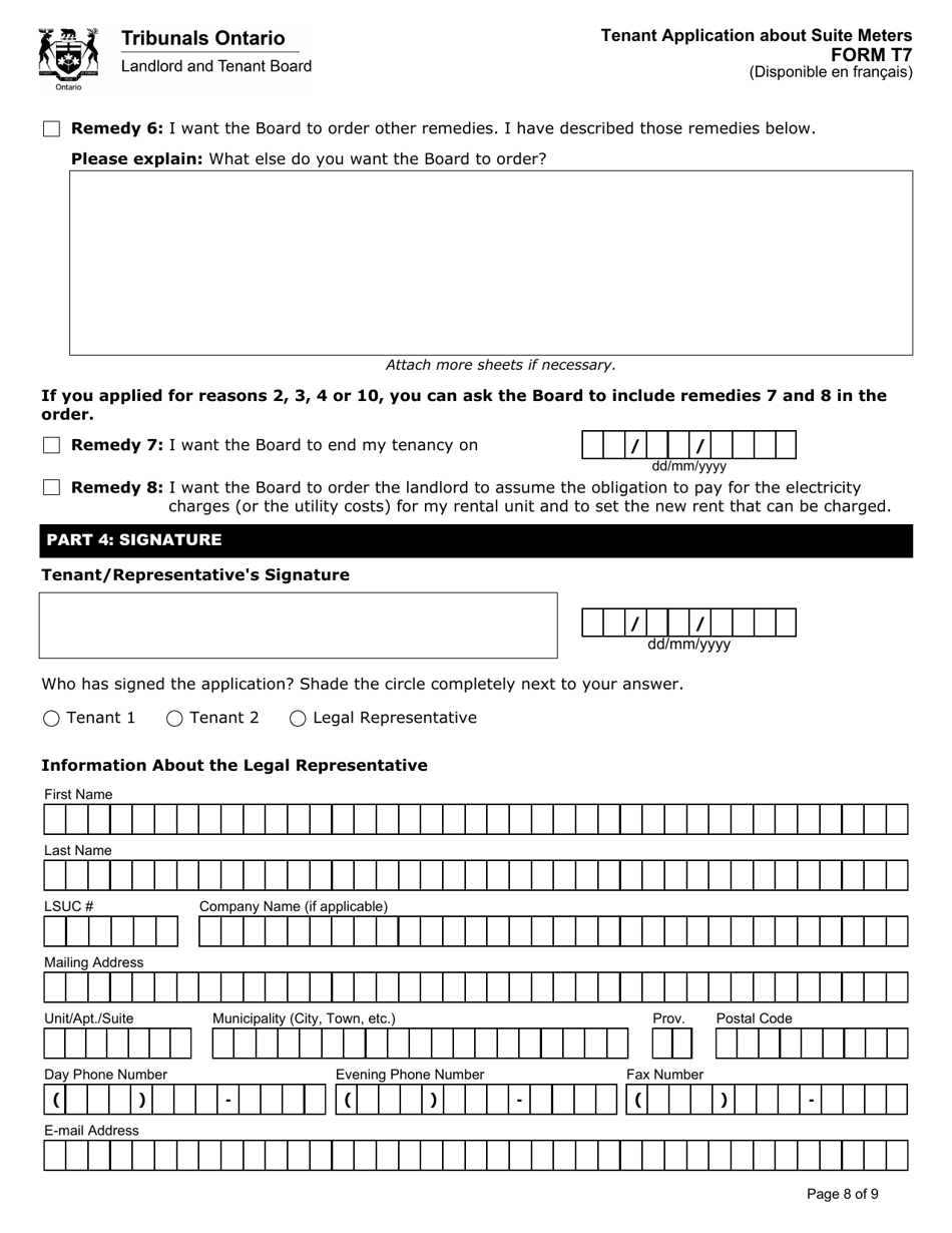 Form T7 Tenant Application About Suite Meters - Ontario, Canada, Page 9