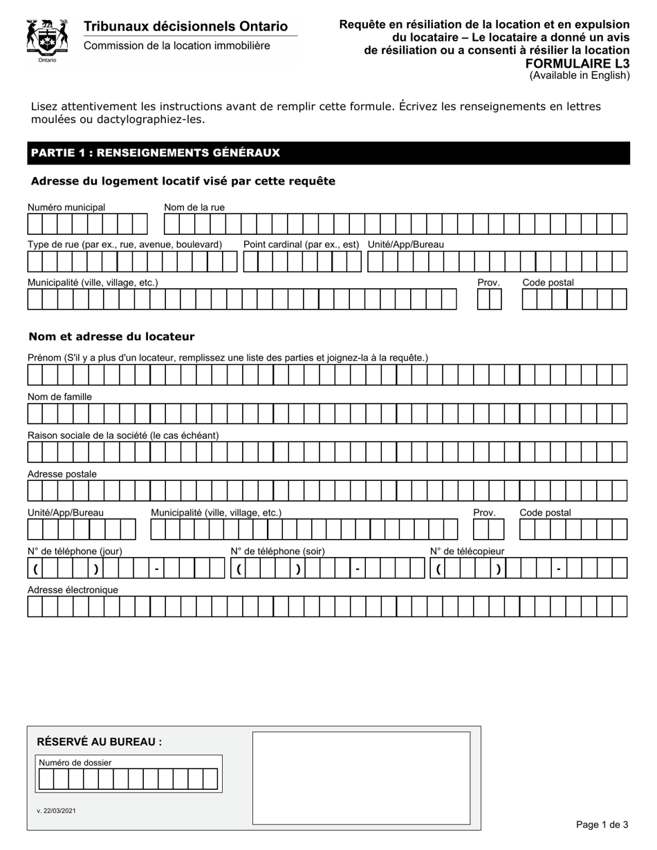 Forme L3 Requete En Resiliation De La Location Et En Expulsion Du Locataire - Le Locataire a Donne Un Avis De Resiliation Ou a Consenti a Resilier La Location - Ontario, Canada (French), Page 2