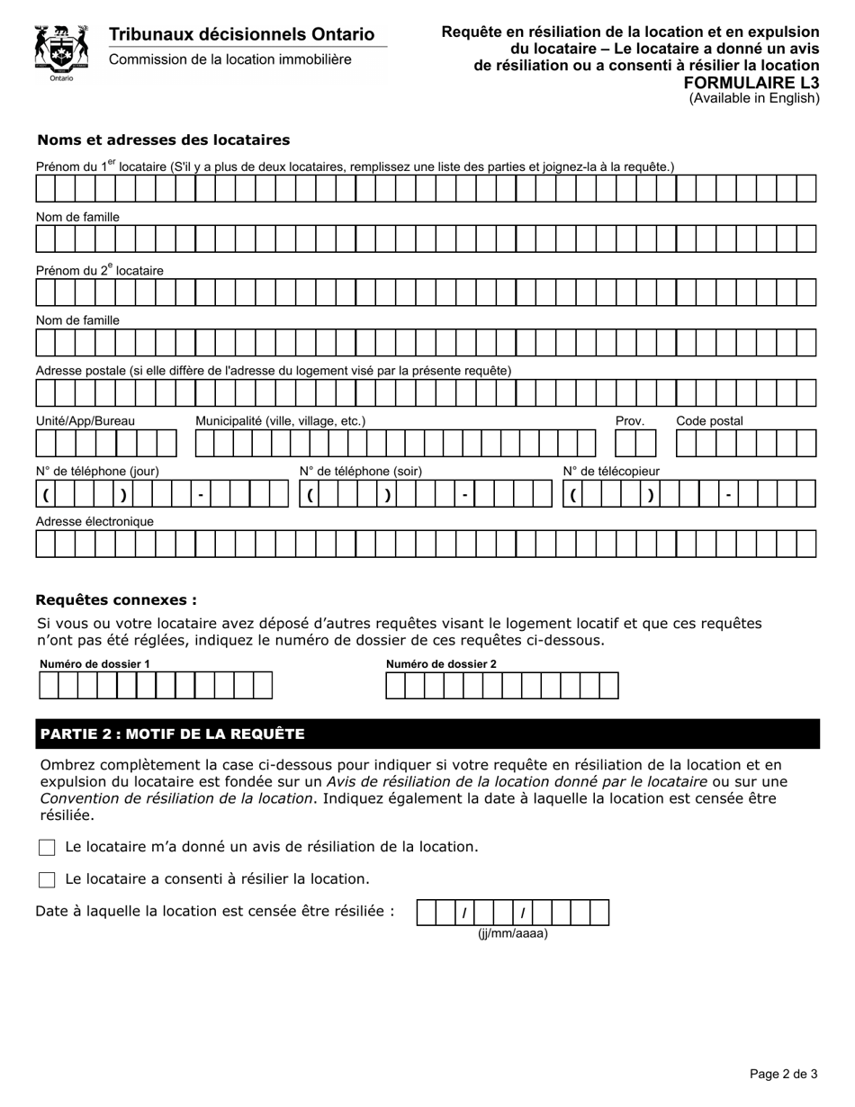 Forme L3 Requete En Resiliation De La Location Et En Expulsion Du Locataire - Le Locataire a Donne Un Avis De Resiliation Ou a Consenti a Resilier La Location - Ontario, Canada (French), Page 3