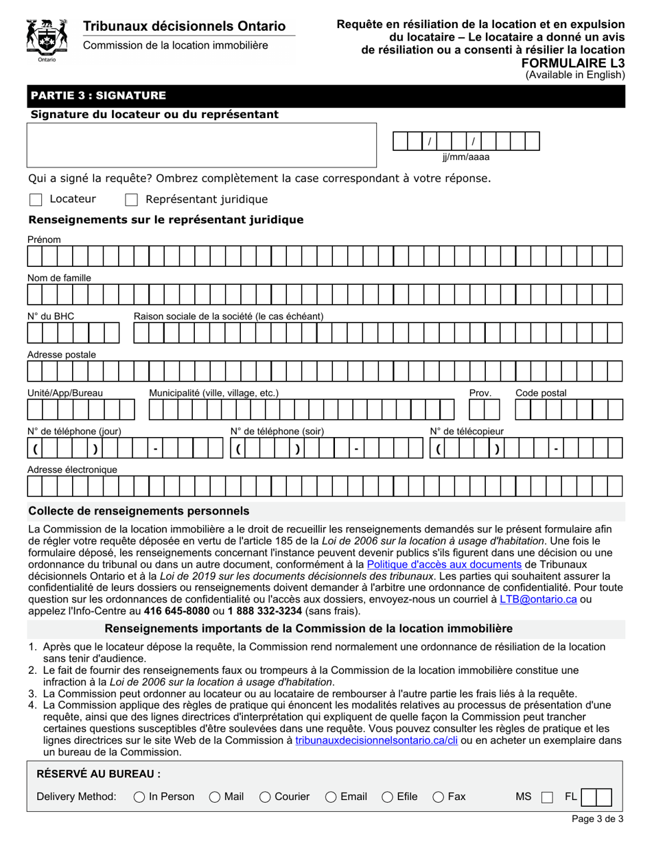 Forme L3 Requete En Resiliation De La Location Et En Expulsion Du Locataire - Le Locataire a Donne Un Avis De Resiliation Ou a Consenti a Resilier La Location - Ontario, Canada (French), Page 4