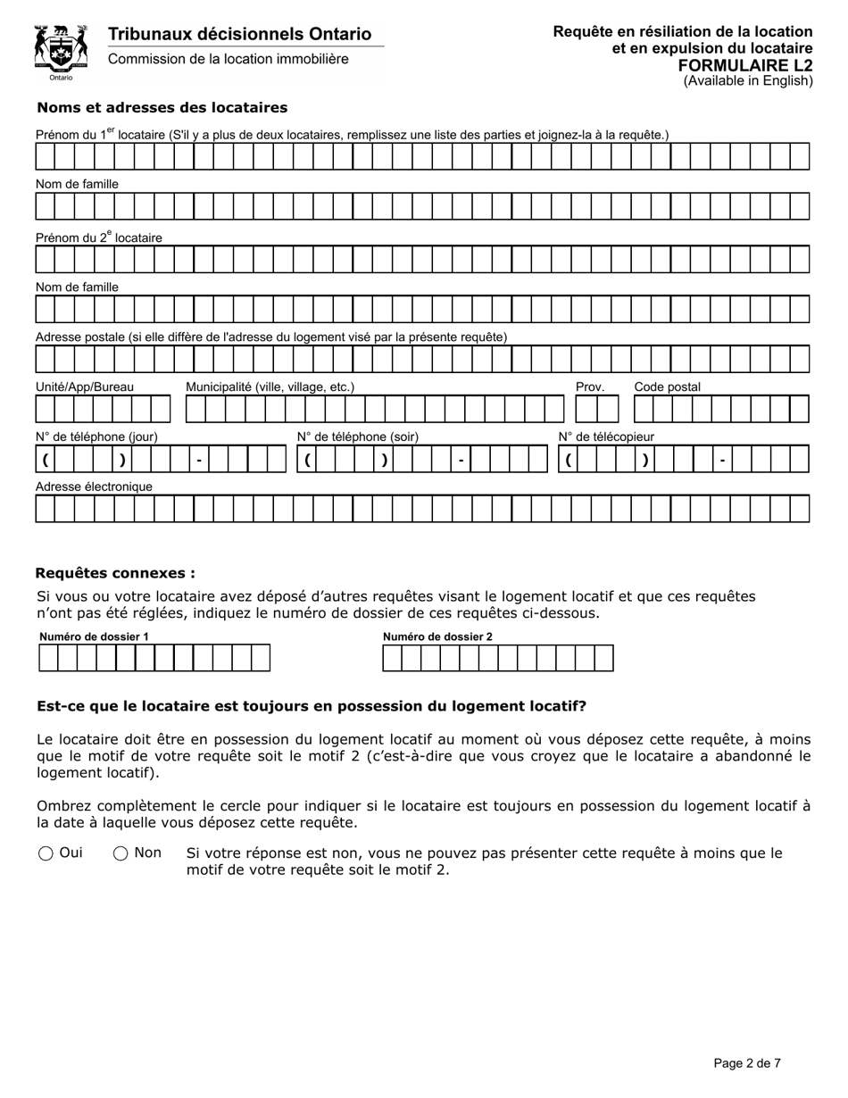 Forme L2 Requete En Resiliation De La Location Et En Expulsion Du Locataire - Ontario, Canada (French), Page 3
