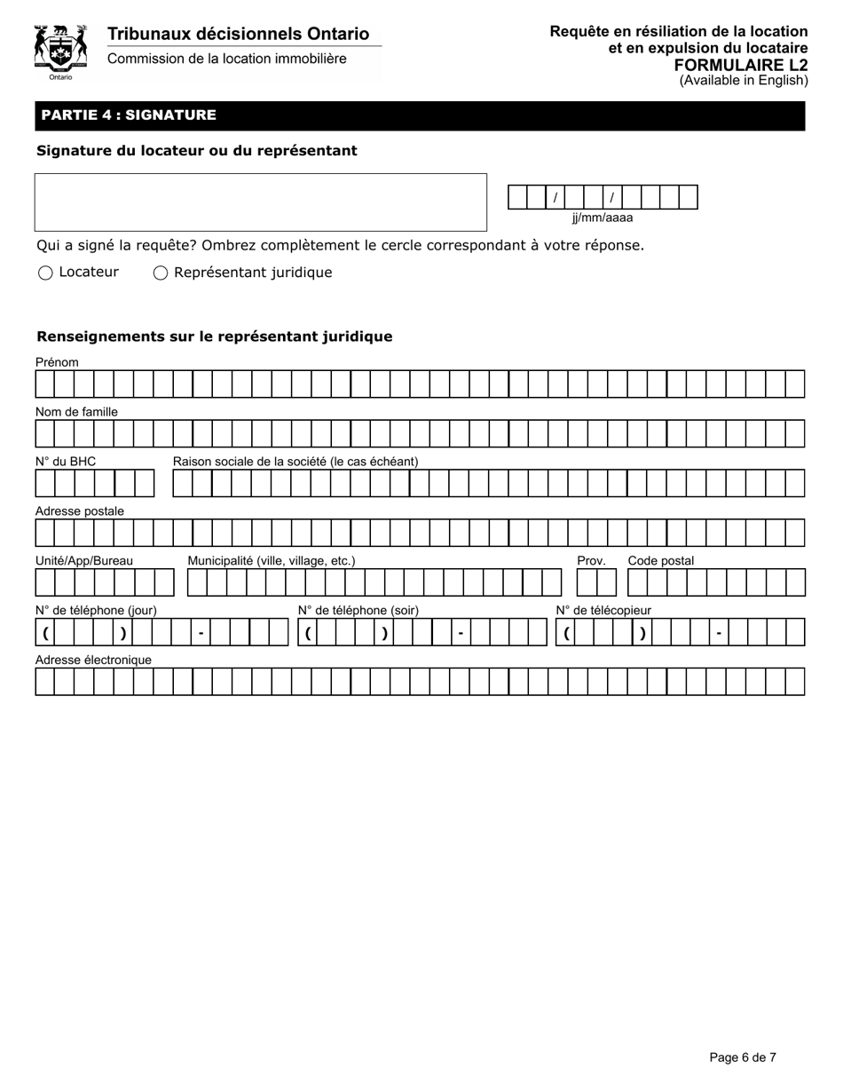 Forme L2 Requete En Resiliation De La Location Et En Expulsion Du Locataire - Ontario, Canada (French), Page 7