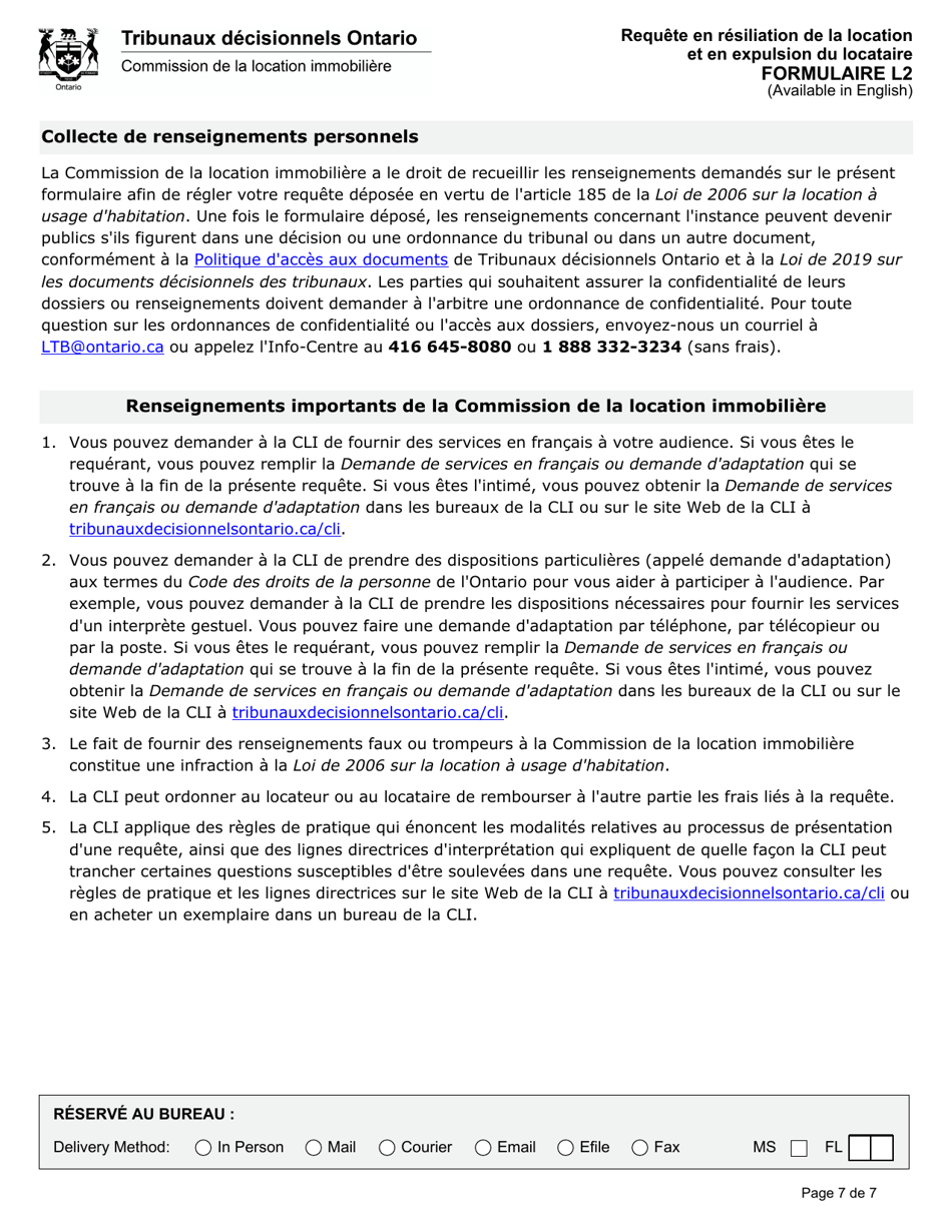 Forme L2 Requete En Resiliation De La Location Et En Expulsion Du Locataire - Ontario, Canada (French), Page 8