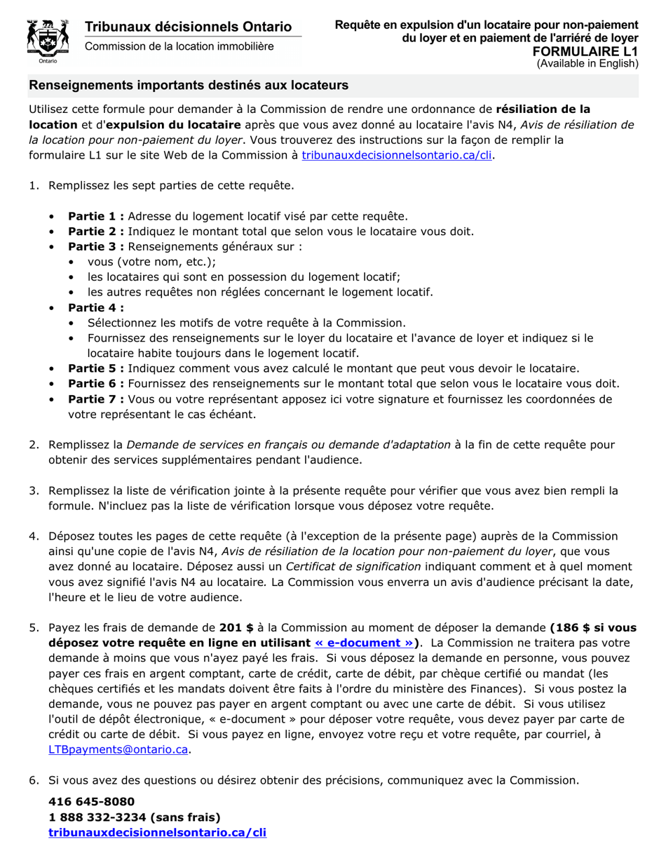 Forme L1 Requete En Expulsion Dun Locataire Pour Non-paiement Du Loyer Et En Paiement De Larriere De Loyer - Ontario, Canada (French), Page 2