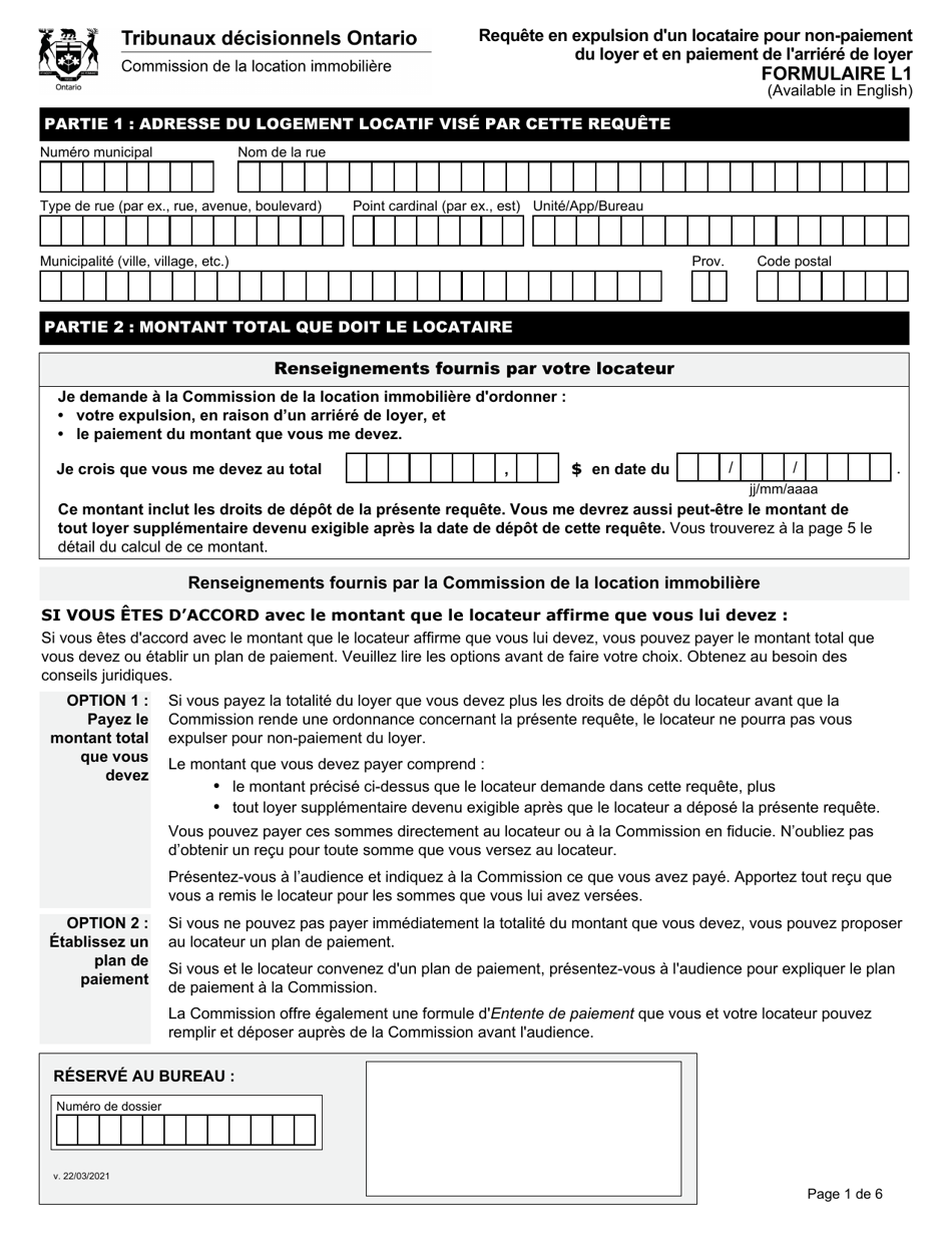 Forme L1 Requete En Expulsion Dun Locataire Pour Non-paiement Du Loyer Et En Paiement De Larriere De Loyer - Ontario, Canada (French), Page 3