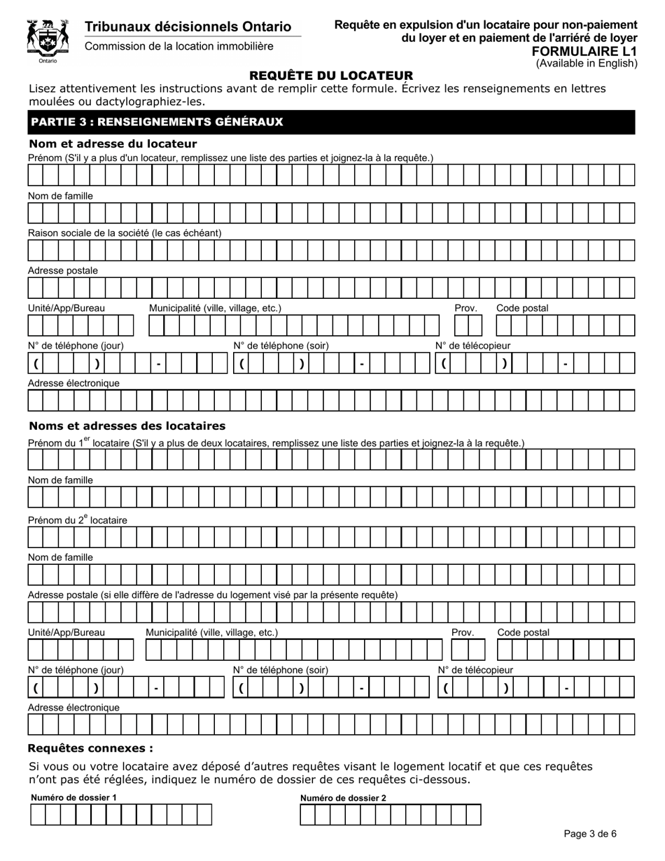 Forme L1 Requete En Expulsion Dun Locataire Pour Non-paiement Du Loyer Et En Paiement De Larriere De Loyer - Ontario, Canada (French), Page 5