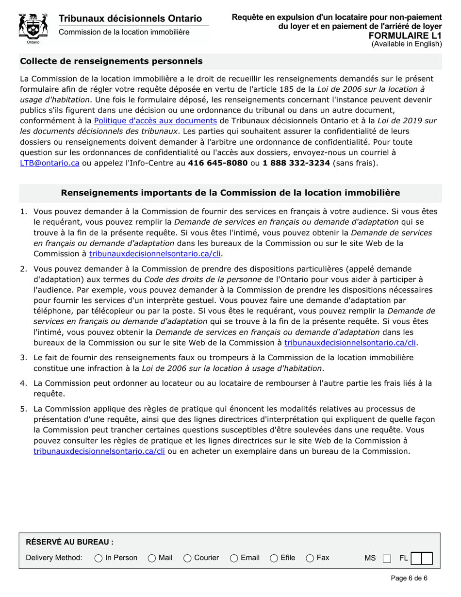 Forme L1 Requete En Expulsion Dun Locataire Pour Non-paiement Du Loyer Et En Paiement De Larriere De Loyer - Ontario, Canada (French), Page 8