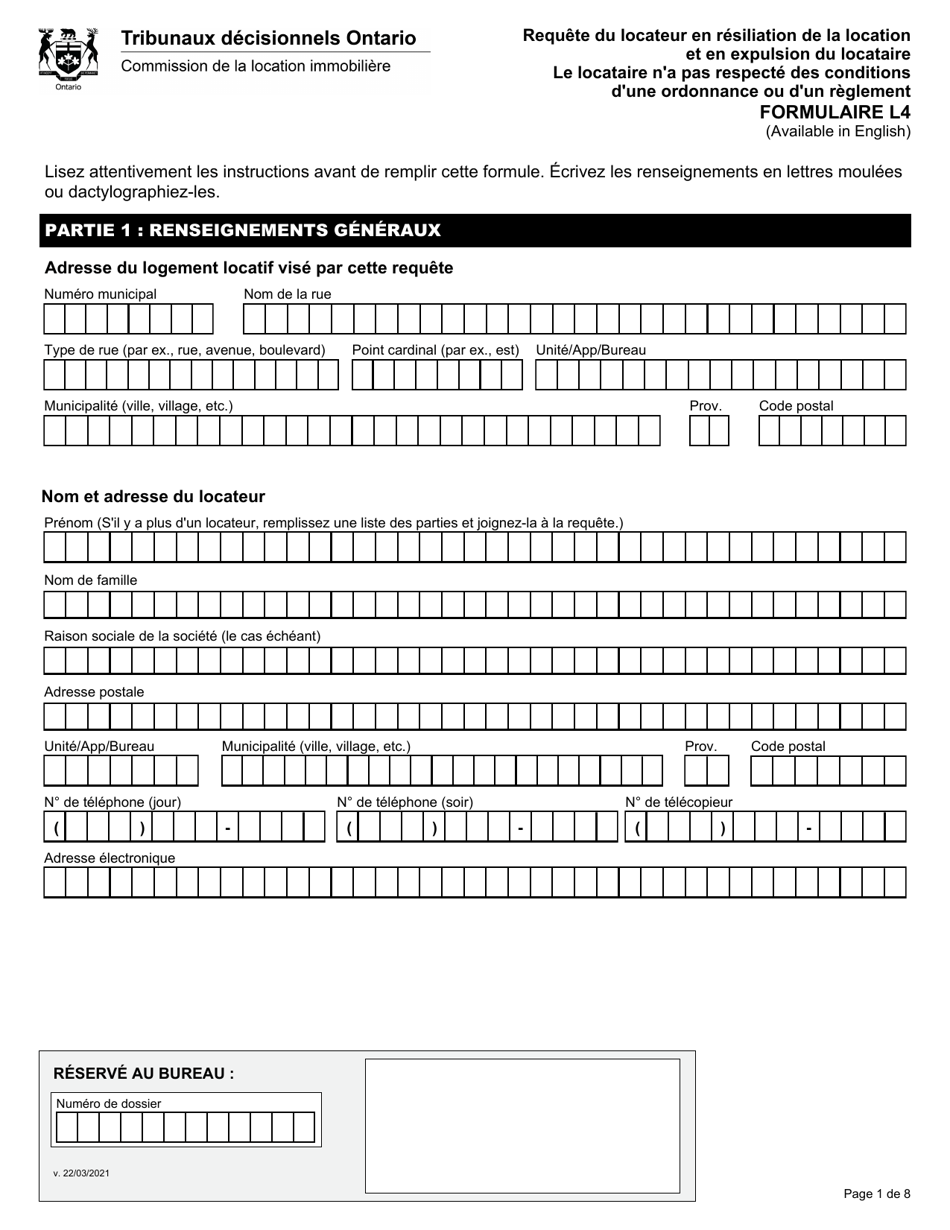 Forme L4 Requete Du Locateur En Resiliation De La Location Et En Expulsion Du Locataire Le Locataire Na Pas Respecte DES Conditions Dune Ordonnance Ou Dun Reglement - Ontario, Canada (French), Page 2