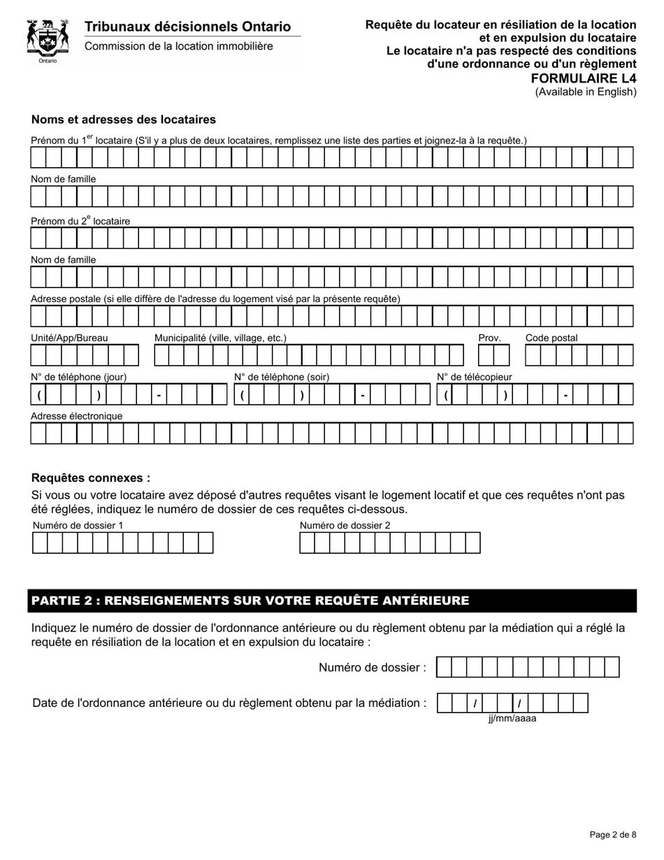 Forme L4 Requete Du Locateur En Resiliation De La Location Et En Expulsion Du Locataire Le Locataire Na Pas Respecte DES Conditions Dune Ordonnance Ou Dun Reglement - Ontario, Canada (French), Page 3