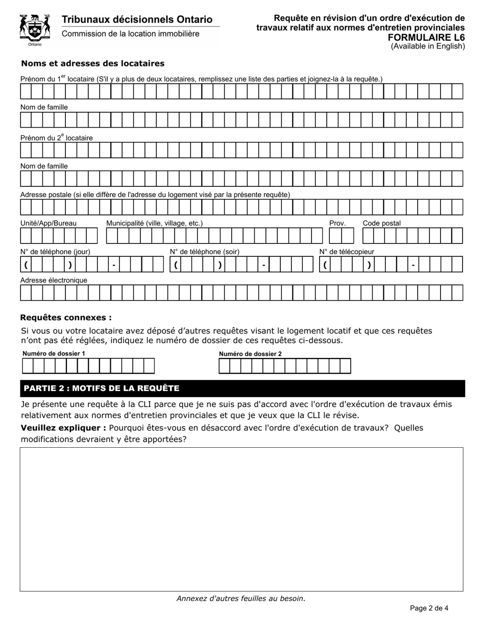 Forme L6 Requete En Revision Dun Ordre Dexecution De Travaux Relatif Aux Normes Dentretien Provinciales - Ontario, Canada (French), Page 3