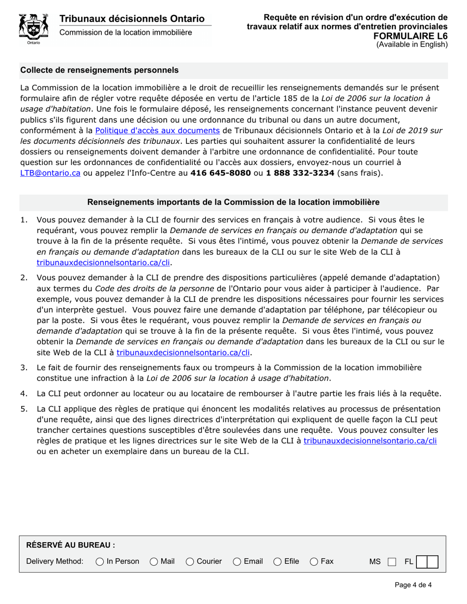 Forme L6 Requete En Revision Dun Ordre Dexecution De Travaux Relatif Aux Normes Dentretien Provinciales - Ontario, Canada (French), Page 5