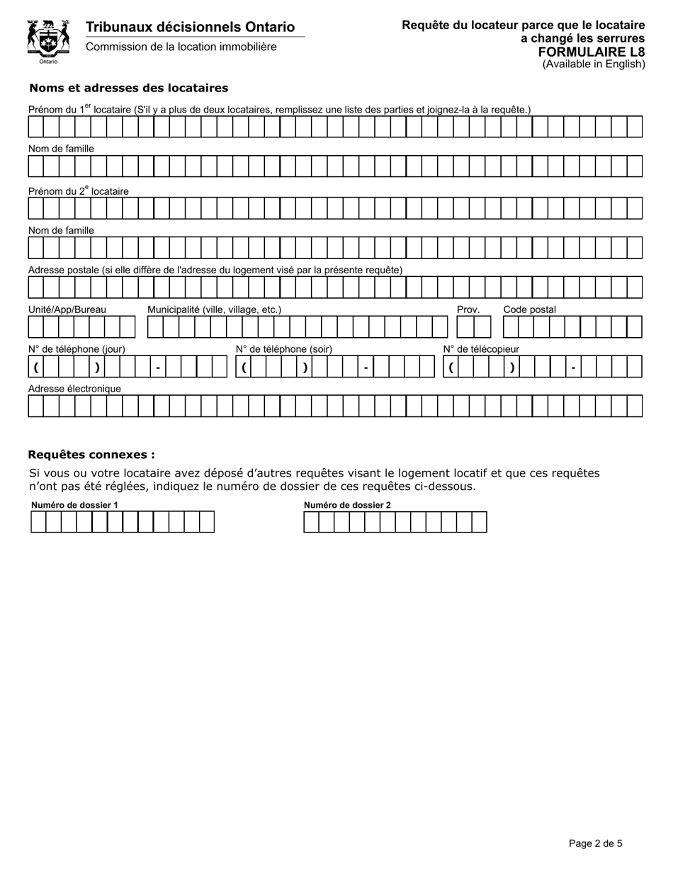 Forme L8 Requete Du Locateur Parce Que Le Locataire a Change Les Serrures - Ontario, Canada (French), Page 3