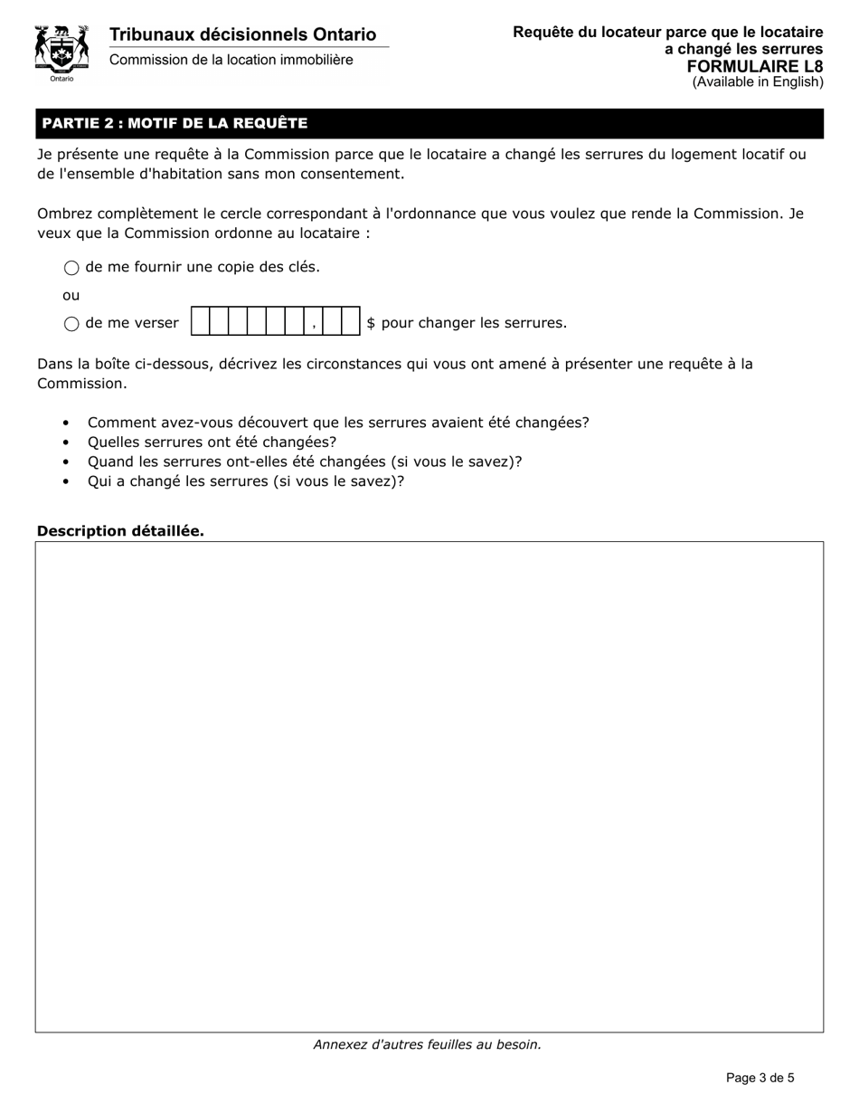 Forme L8 Requete Du Locateur Parce Que Le Locataire a Change Les Serrures - Ontario, Canada (French), Page 4